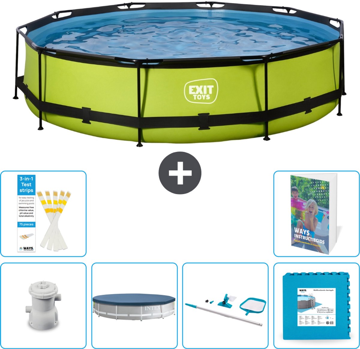 EXIT Rond Lime Frame Zwembad - 360 x 76 cm - Inclusief Pomp - Afdekzeil - Schoonmaakset - Vloertegels - 7-delig