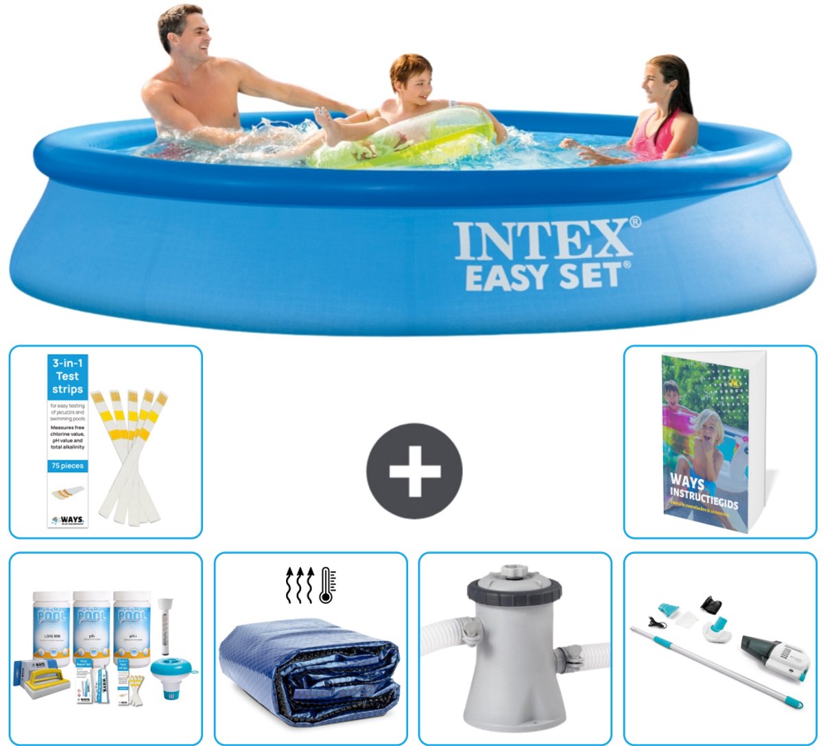 Intex Rond Opblaasbaar Easy Set Zwembad - 305 x 61 cm - Blauw - Inclusief Onderhoudspakket - Solarzeil - Zwembadfilterpomp - Stofzuiger - 7-delig
