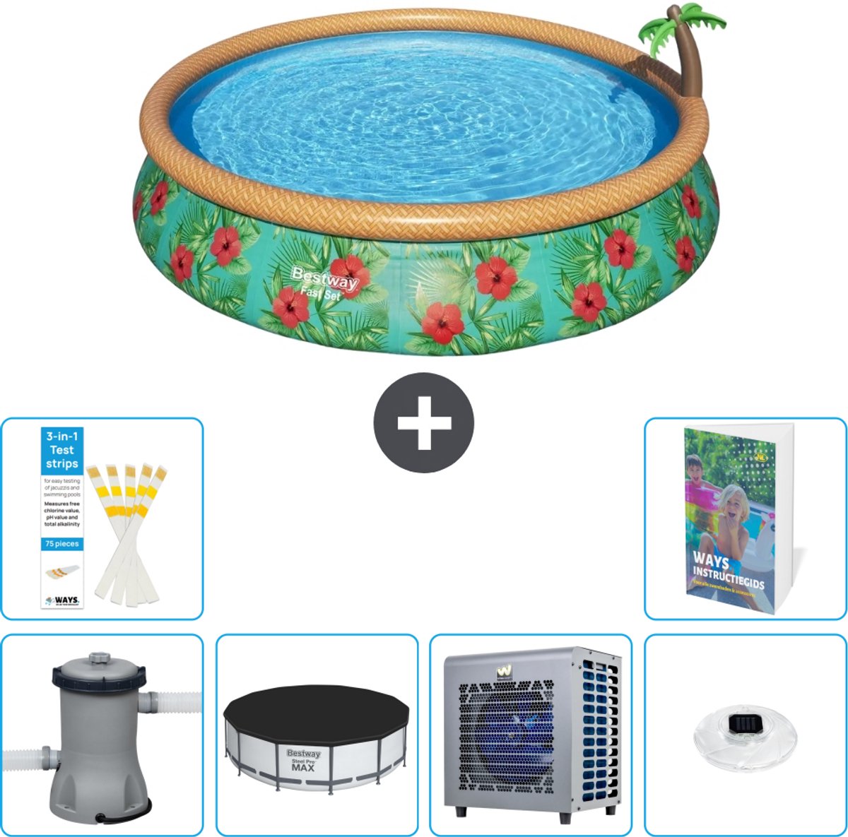 Bestway Rond Opblaasbaar Fast Set Zwembad - Paradijsprint - 457 x 84 cm - Inclusief Pomp - Afdekzeil - Warmtepomp - Verlichting - 7-delig