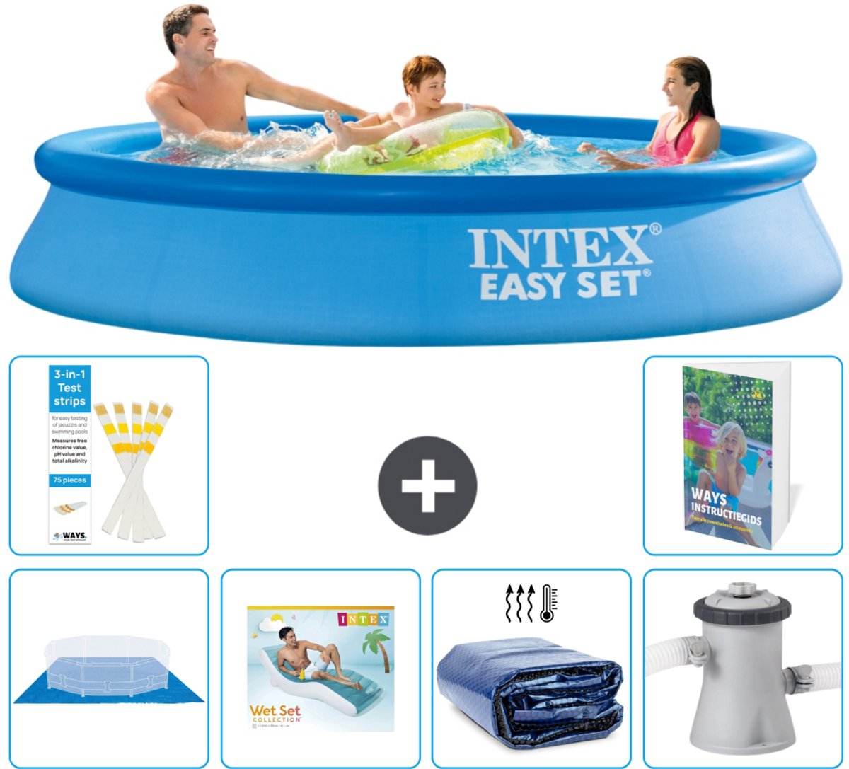 Intex Rond Opblaasbaar Easy Set Zwembad - 305 x 61 cm - Blauw - Inclusief Grondzeil - Loungebed - Solarzeil - Zwembadfilterpomp - 7-delig