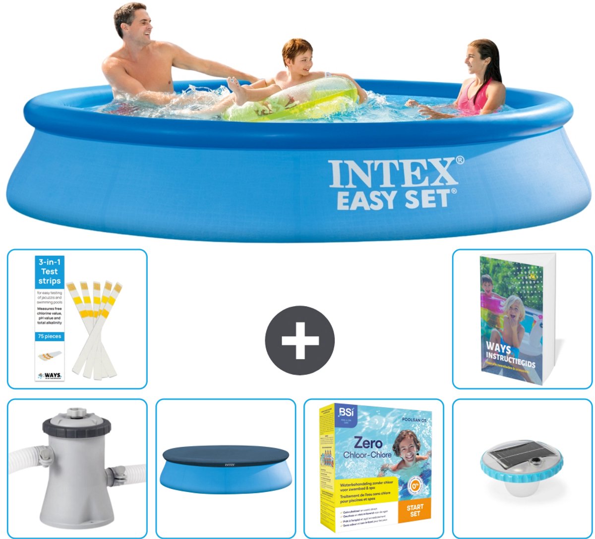 Intex Rond Opblaasbaar Easy Set Zwembad - 305 x 61 cm - Blauw - Inclusief Pomp - Afdekzeil - Onderhoudspakket - Verlichting - 7-delig