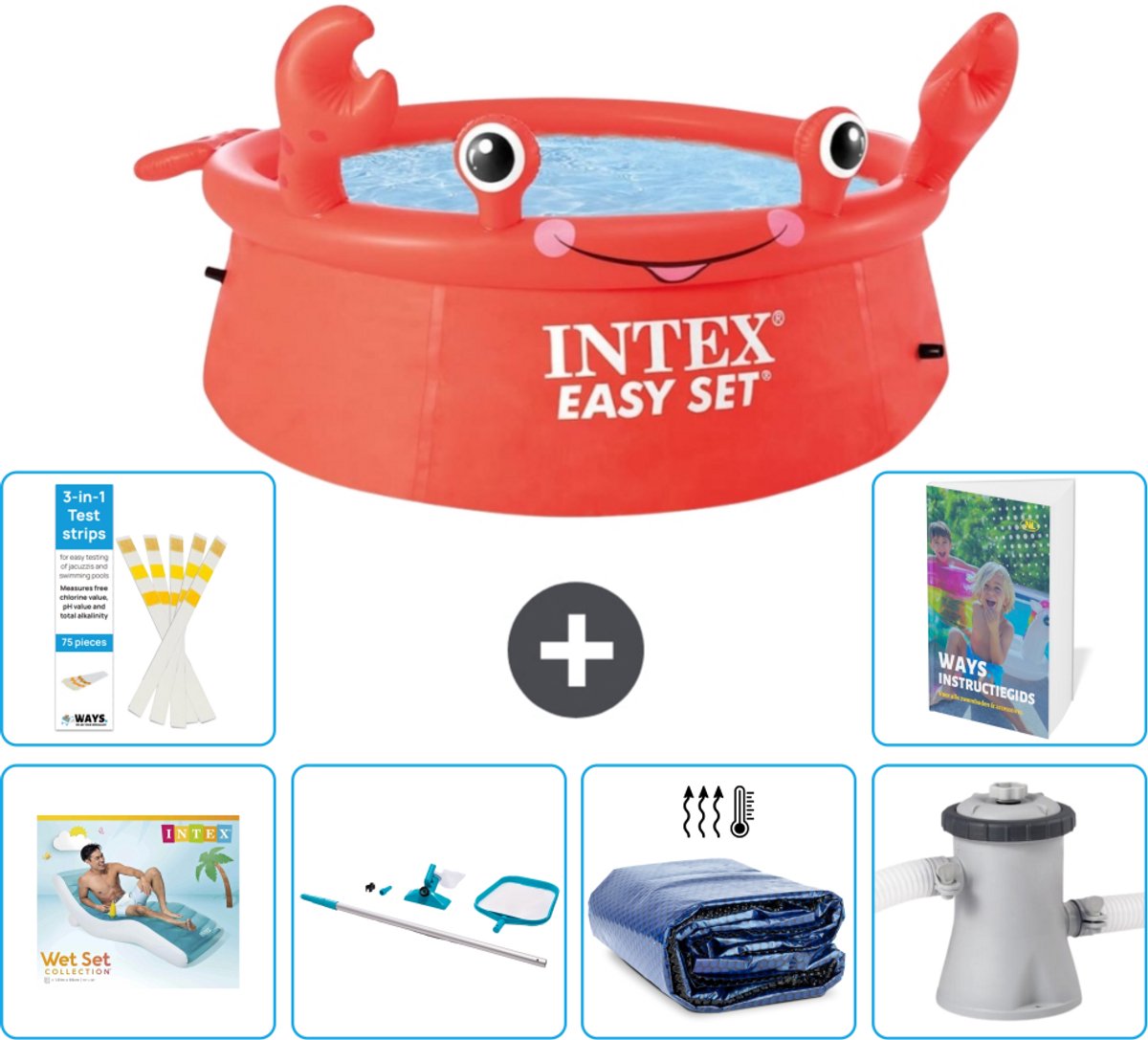 Intex Rond Opblaasbaar Easy Set Zwembad - 183 x 51 cm - Rood - Krab - Inclusief Loungebed - Schoonmaakset - Solarzeil - Zwembadfilterpomp - 7-delig