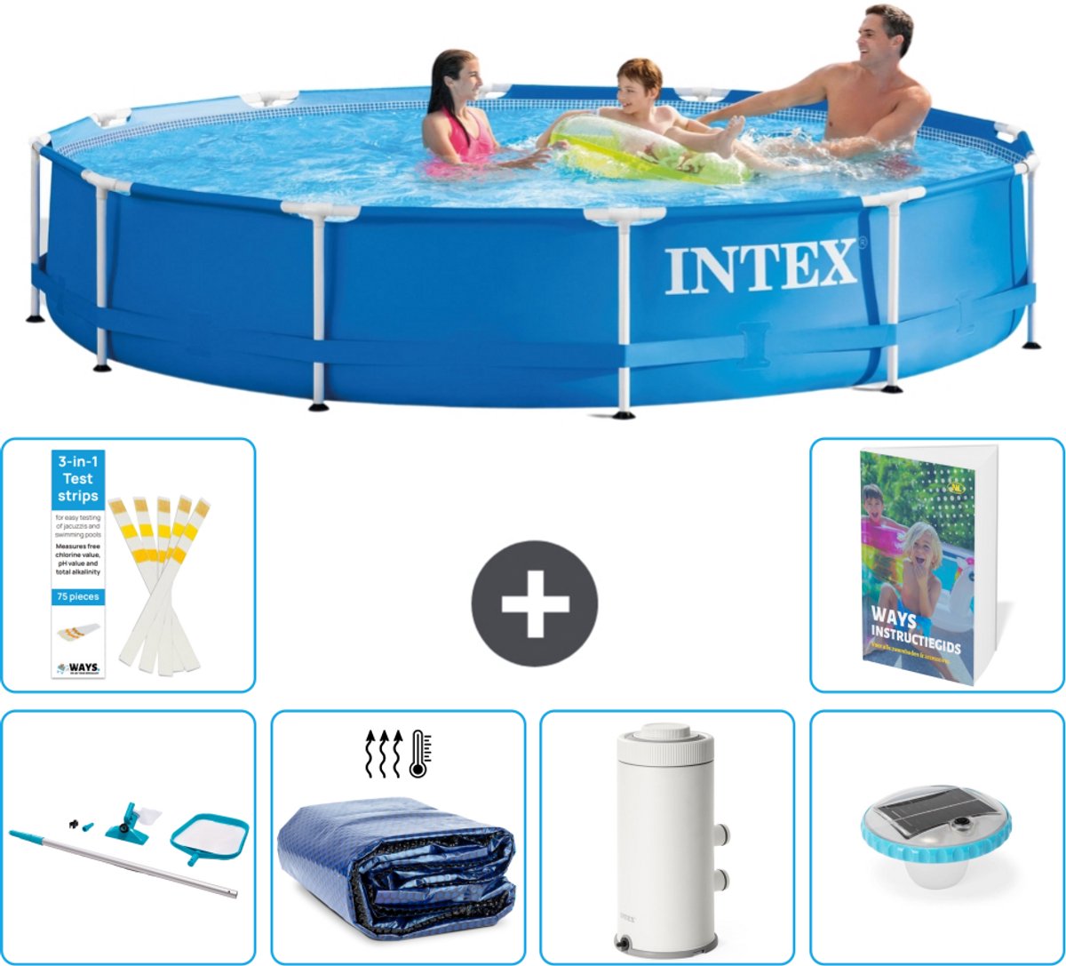 Intex Rond Frame Zwembad - 366 x 76 cm - Blauw - Inclusief Schoonmaakset - Solarzeil - Zwembadfilterpomp - Verlichting - 7-delig