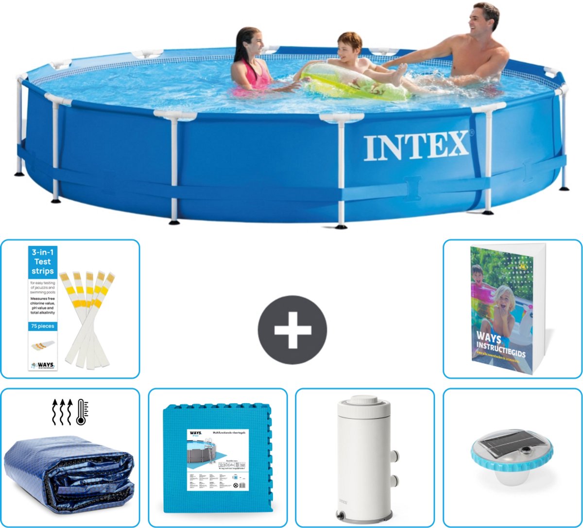 Intex Rond Frame Zwembad - 366 x 76 cm - Blauw - Inclusief Solarzeil - Vloertegels - Zwembadfilterpomp - Verlichting - 7-delig