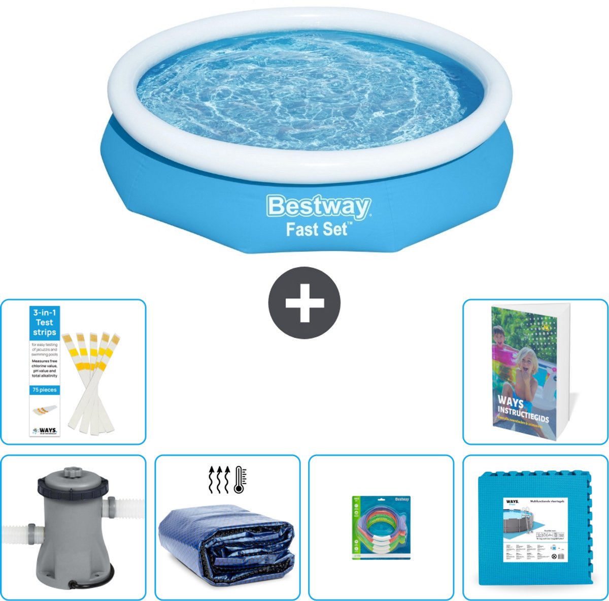 Bestway Rond Opblaasbaar Fast Set Zwembad - 305 x 66 cm - Blauw - Inclusief Pomp - Solarzeil - Speelgoed - Vloertegels - 7-delig