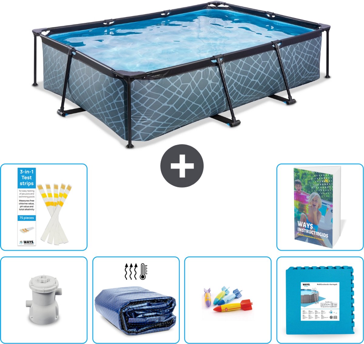 EXIT Rechthoekig Stone Frame Zwembad - 300 x 200 x 65 cm - Inclusief Pomp - Solarzeil - Speelgoed - Vloertegels - 7-delig