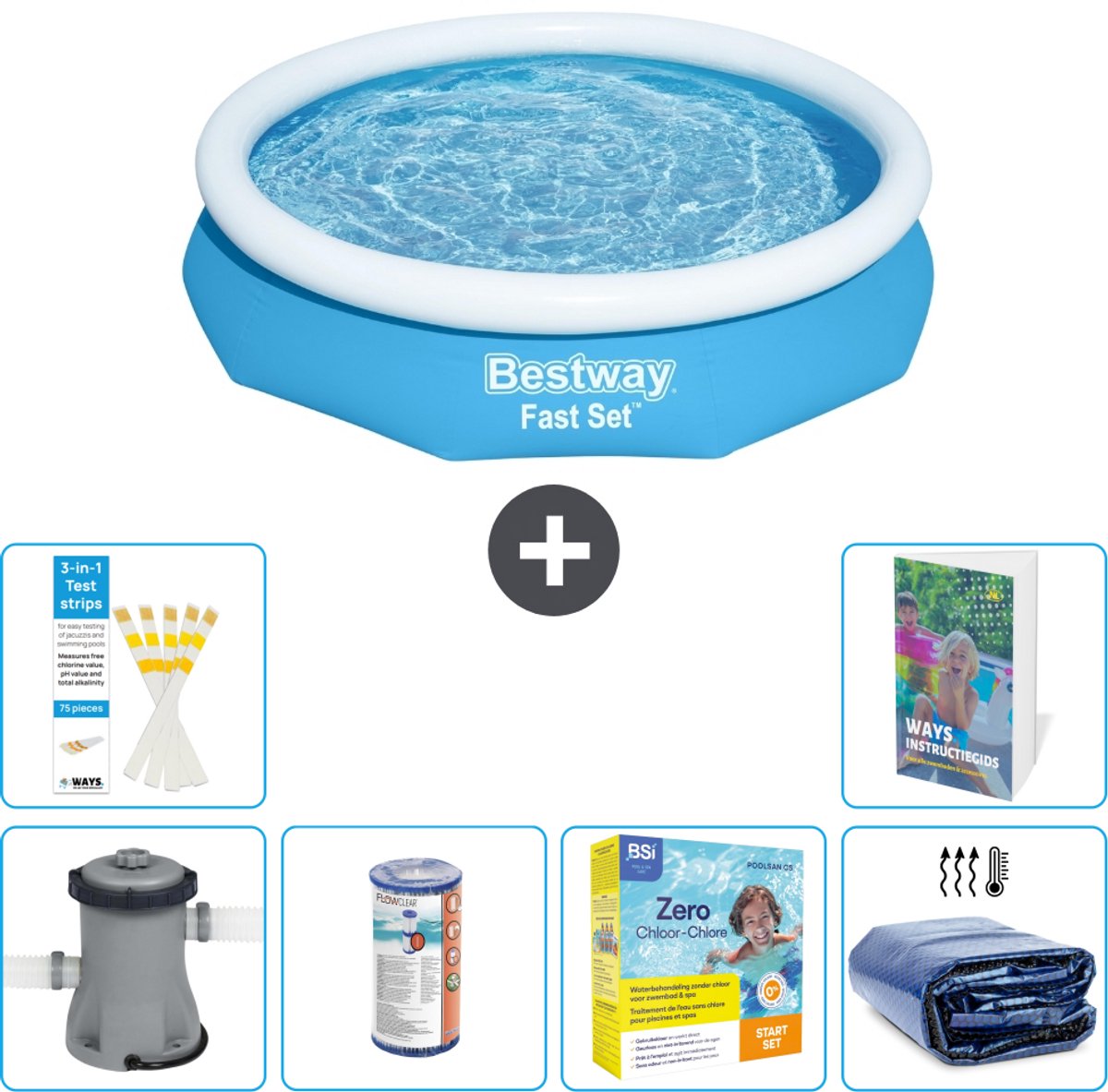 Bestway Rond Opblaasbaar Fast Set Zwembad - 305 x 66 cm - Blauw - Inclusief Pomp - Filter - Onderhoudspakket - Solarzeil - 7-delig