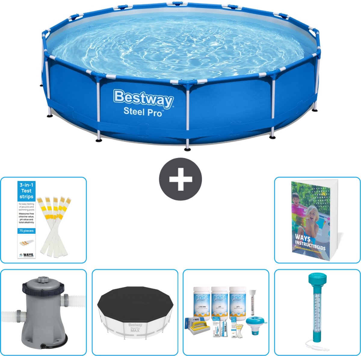 Bestway Rond Steel Pro Zwembad - 366 x 76 cm - Blauw - Inclusief Pomp - Afdekzeil - Onderhoudspakket - Thermometer - 7-delig