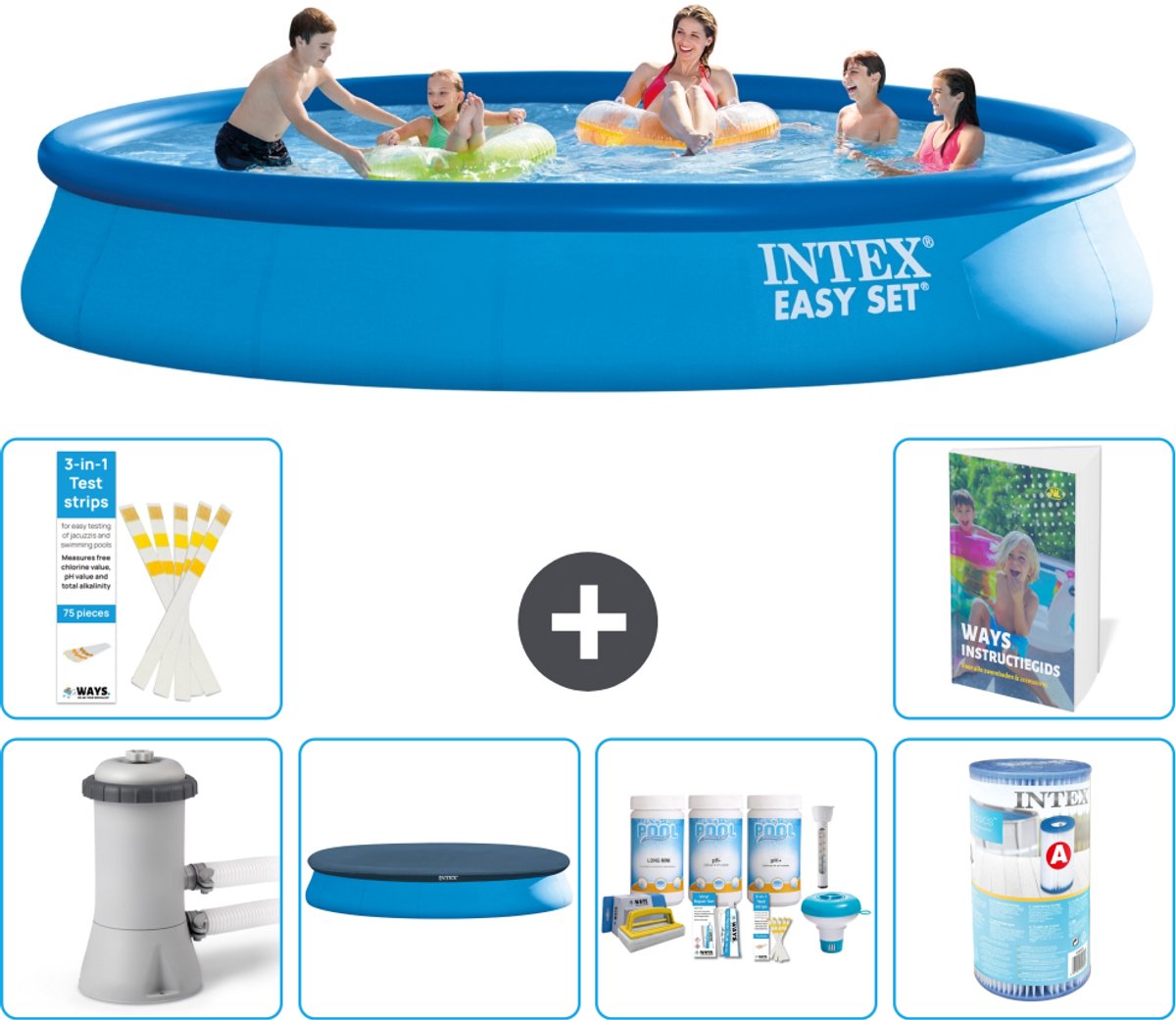 Intex Rond Opblaasbaar Easy Set Zwembad - 457 x 84 cm - Blauw - Inclusief Pomp - Afdekzeil - Onderhoudspakket - Filter - 7-delig