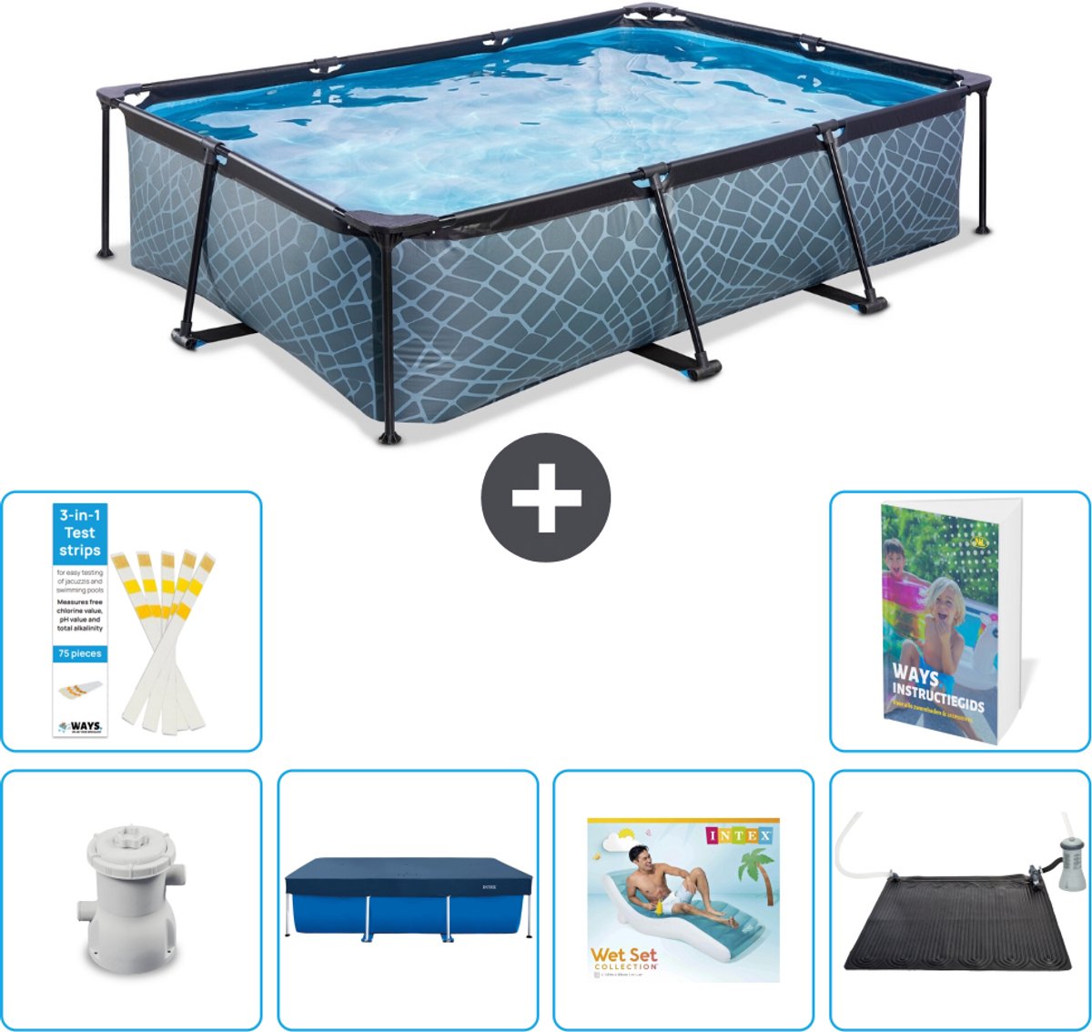 EXIT Rechthoekig Stone Frame Zwembad - 300 x 200 x 65 cm - Inclusief Pomp - Afdekzeil - Loungebed - Solar Mat - 7-delig