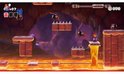 Mario springt op een vuurplatform in een lava-wereld, met Bowser Jr. en spikeballen. 07 levens.