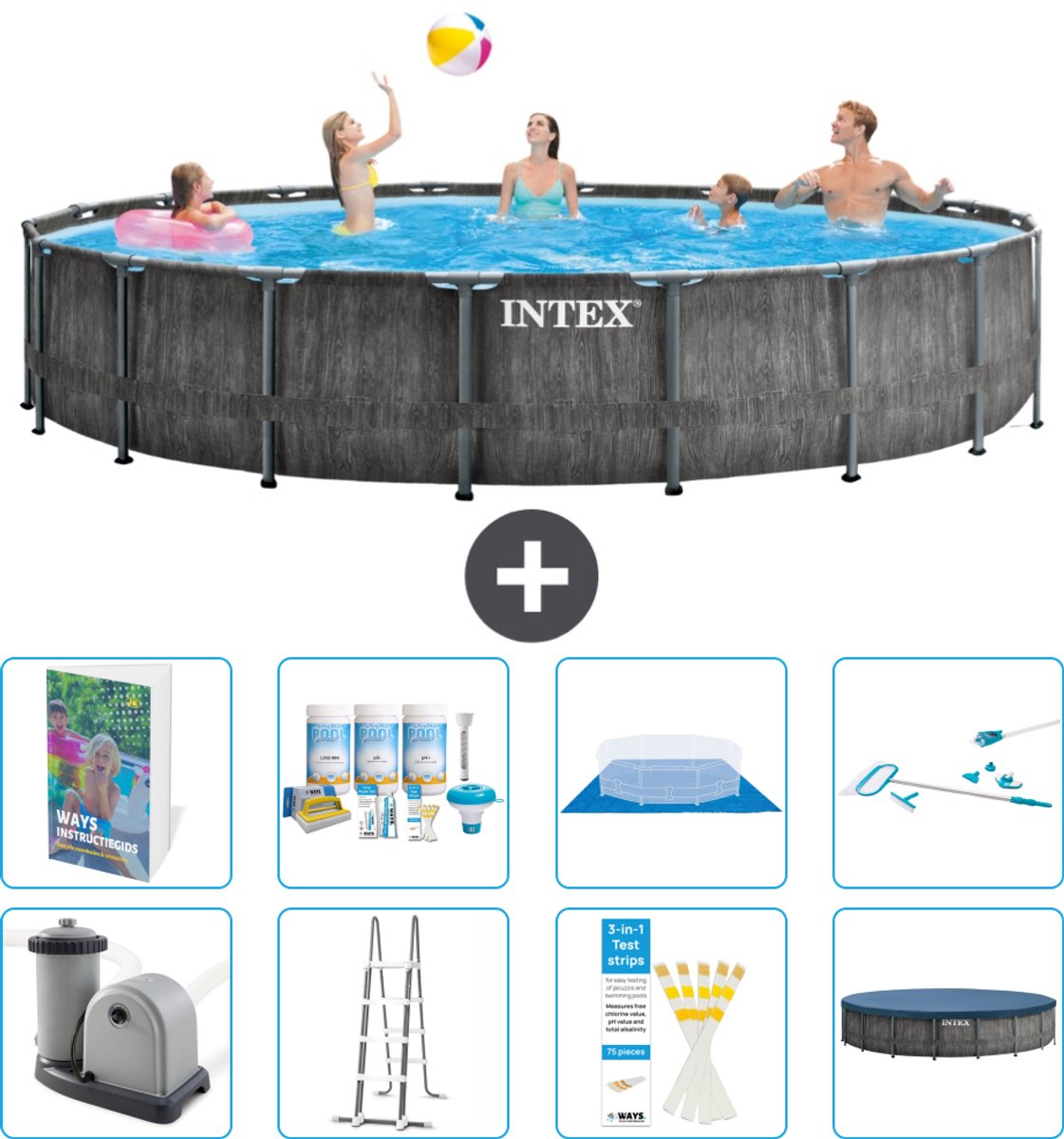 Intex Rond Prism Frame Greywood Zwembad - 549 x 122 cm - Inclusief Pomp - Ladder - Grondzeil - Afdekzeil - Onderhoudspakket - Schoonmaakset - 9-delig