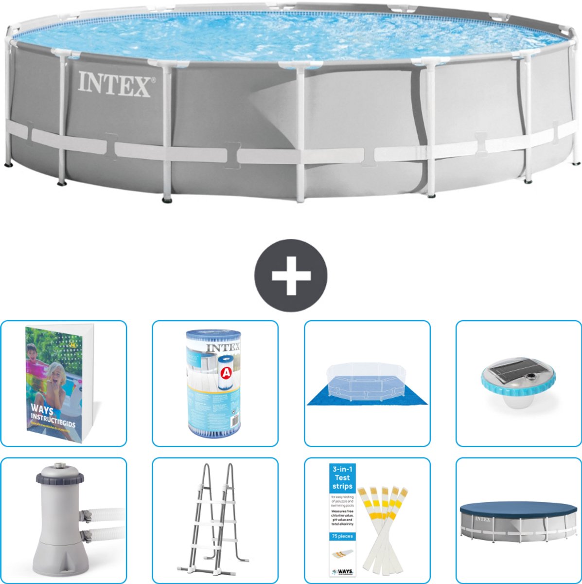 Intex Rond Prism Frame Zwembad - 427 x 107 cm - Grijs - Inclusief Pomp - Ladder - Grondzeil - Afdekzeil - Filter - Verlichting - 9-delig