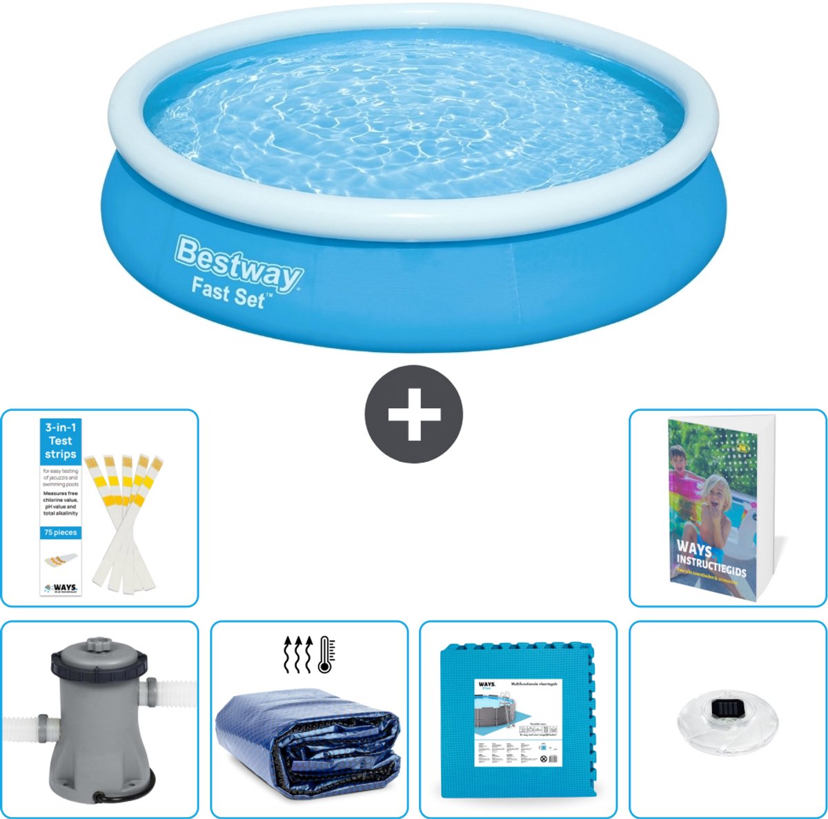 Bestway Rond Opblaasbaar Fast Set Zwembad - 366 x 76 cm - Blauw - Inclusief Pomp - Solarzeil - Vloertegels - Verlichting - 7-delig