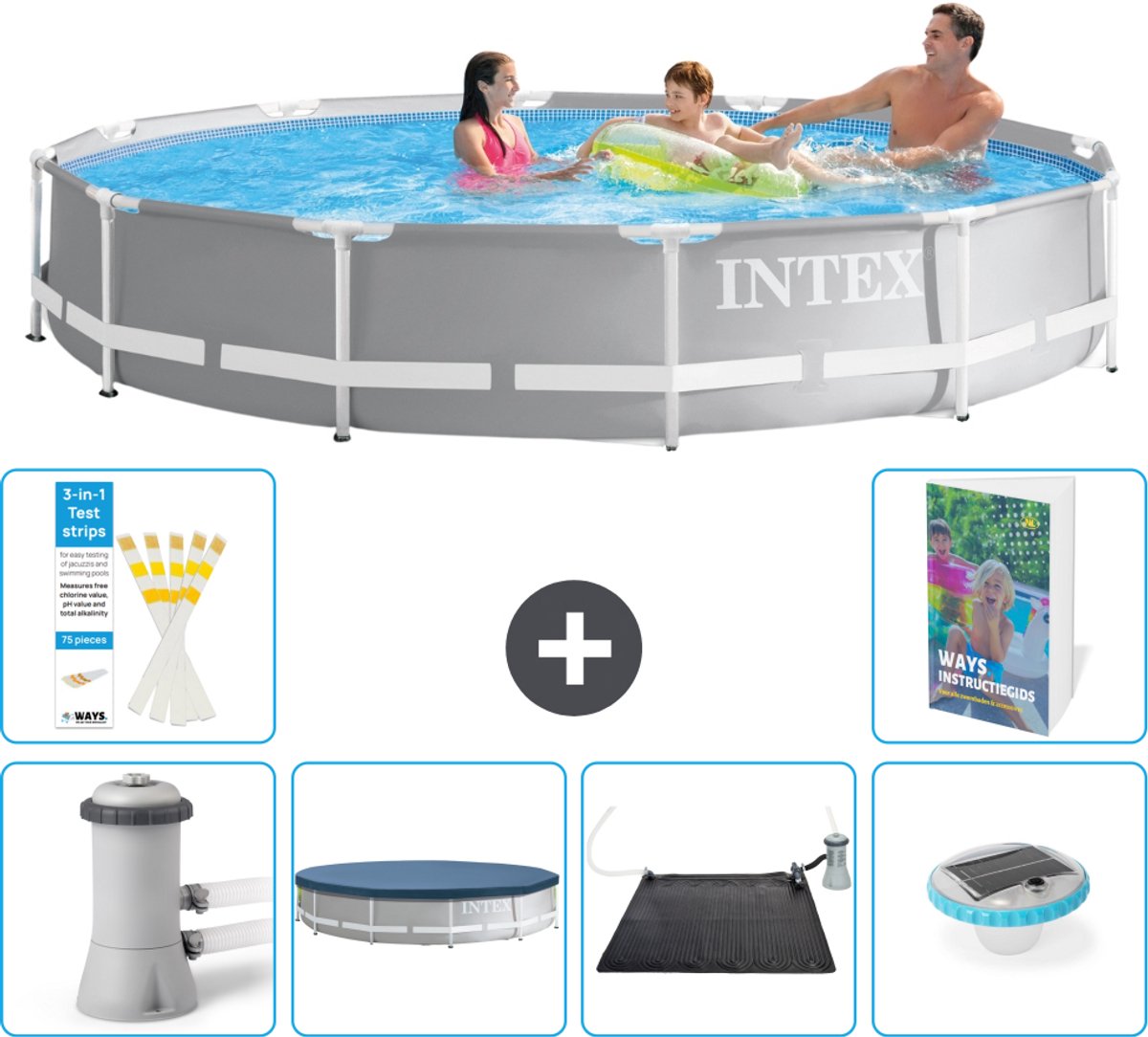 Intex Rond Prism Frame Zwembad - 366 x 76 cm - Grijs - Inclusief Pomp - Afdekzeil - Solar Mat - Verlichting - 7-delig
