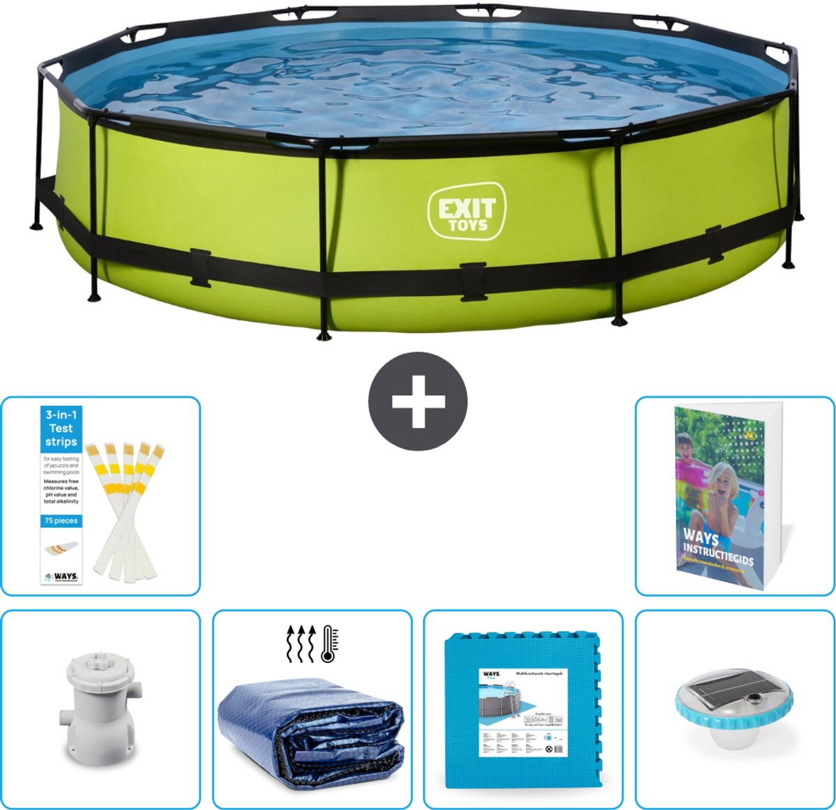 EXIT Rond Lime Frame Zwembad - 360 x 76 cm - Inclusief Pomp - Solarzeil - Vloertegels - Verlichting - 7-delig
