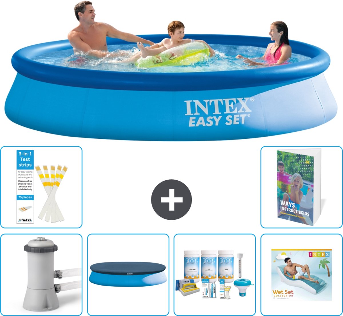 Intex Rond Opblaasbaar Easy Set Zwembad - 366 x 76 cm - Blauw - Inclusief Pomp - Afdekzeil - Onderhoudspakket - Loungebed - 7-delig