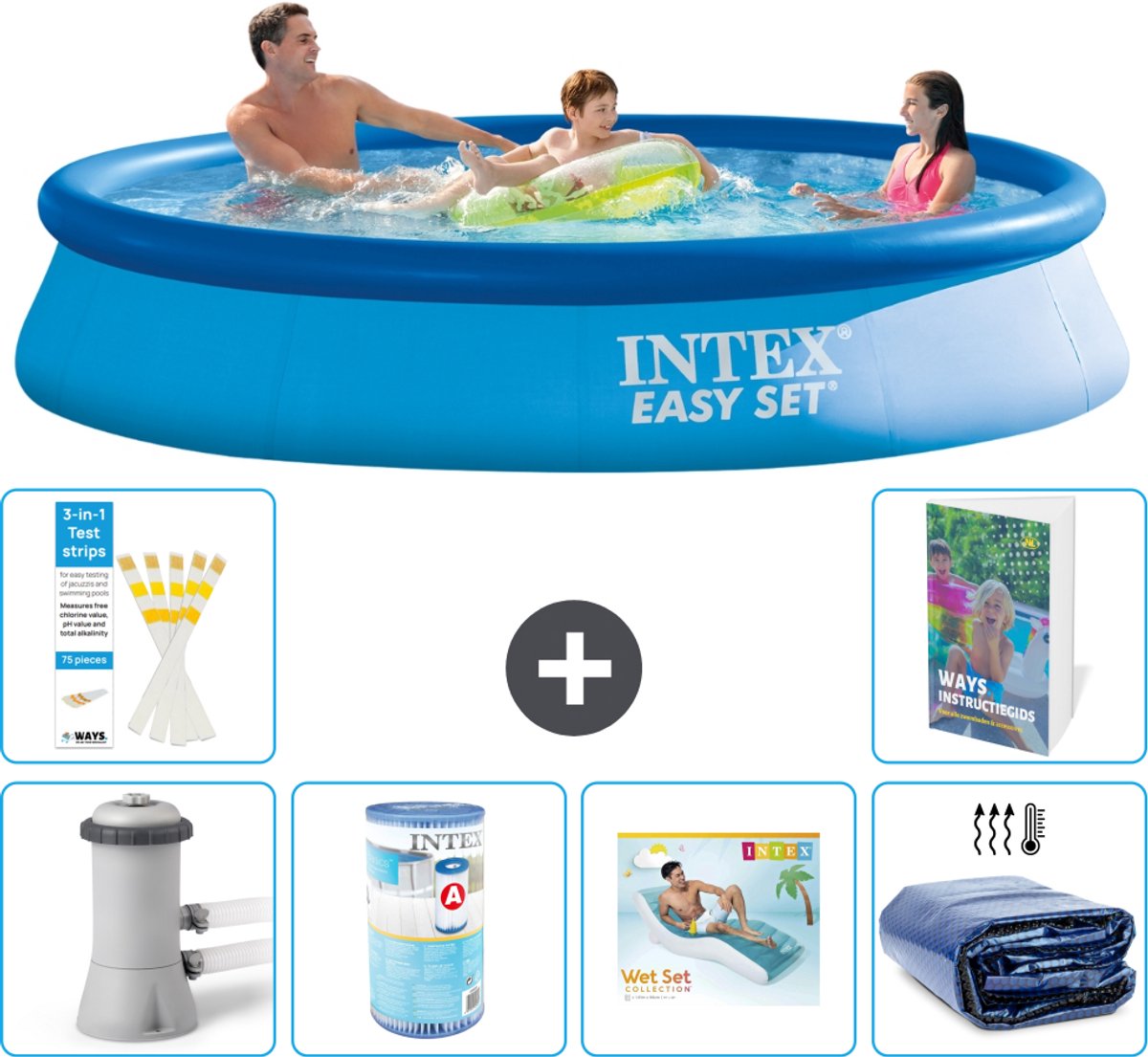 Intex Rond Opblaasbaar Easy Set Zwembad - 366 x 76 cm - Blauw - Inclusief Pomp - Filter - Loungebed - Solarzeil - 7-delig