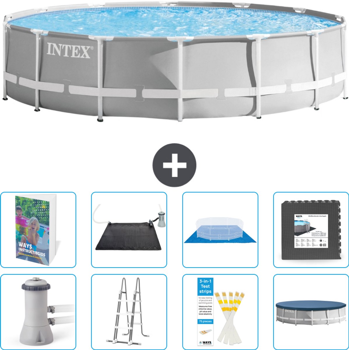 Intex Rond Prism Frame Zwembad - 427 x 107 cm - Grijs - Inclusief Pomp - Ladder - Grondzeil - Afdekzeil - Solar Mat - Vloertegels - 9-delig