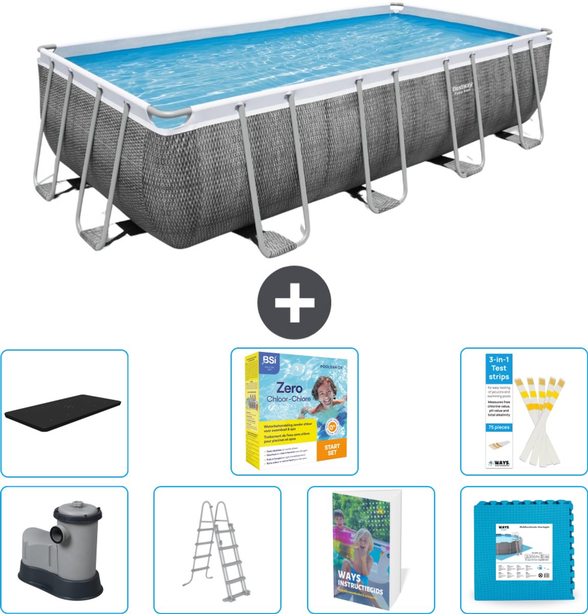 Bestway Rechthoekig Power Steel Zwembad - Rattanprint - 549 x 274 x 122 - Inclusief Pomp - Ladder - Afdekzeil - Onderhoudspakket - Vloertegels - 8-delig