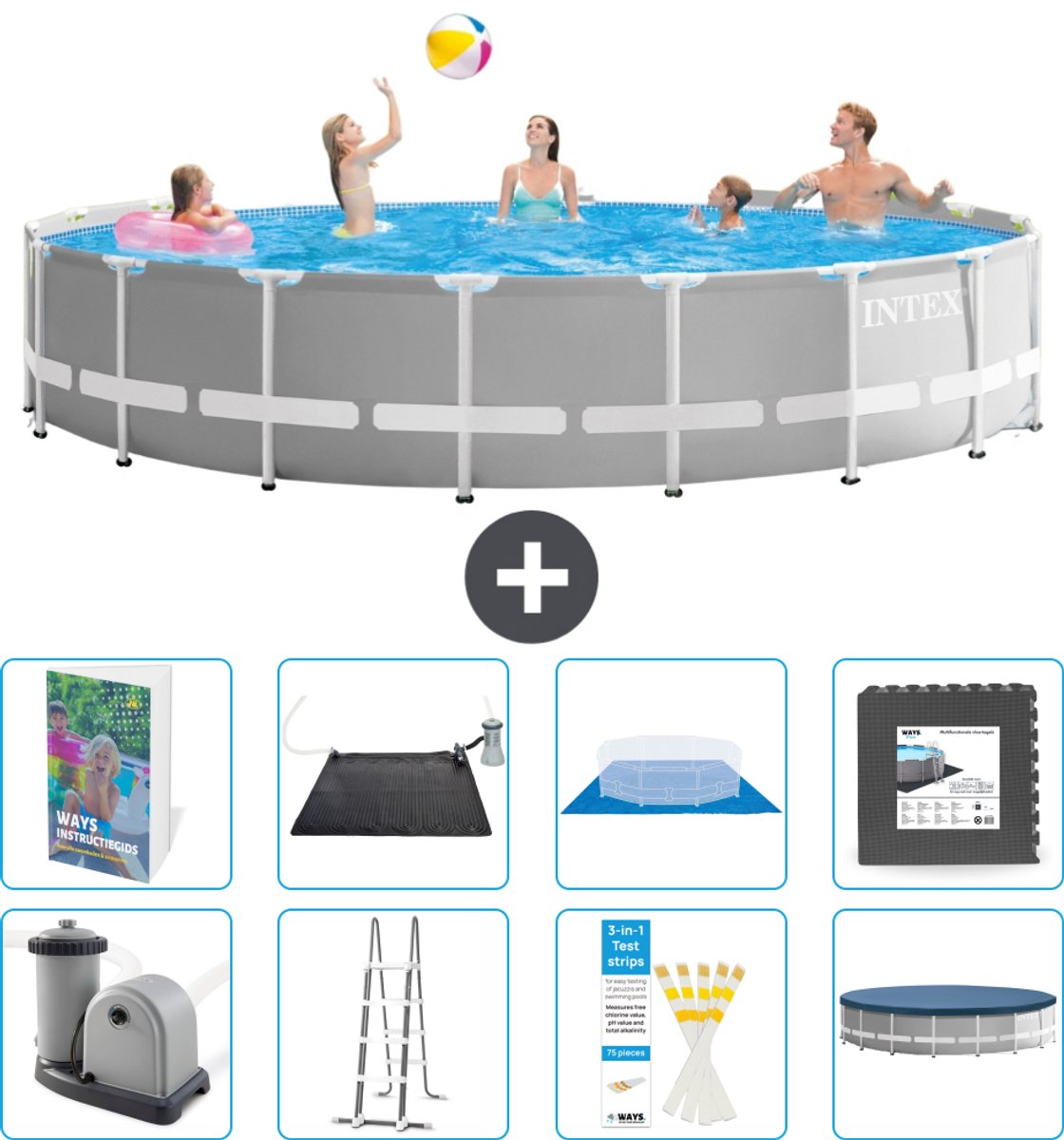 Intex Rond Prism Frame Zwembad - 548 x 122 cm - Grijs - Inclusief Pomp - Ladder - Grondzeil - Afdekzeil - Solar Mat - Vloertegels - 9-delig
