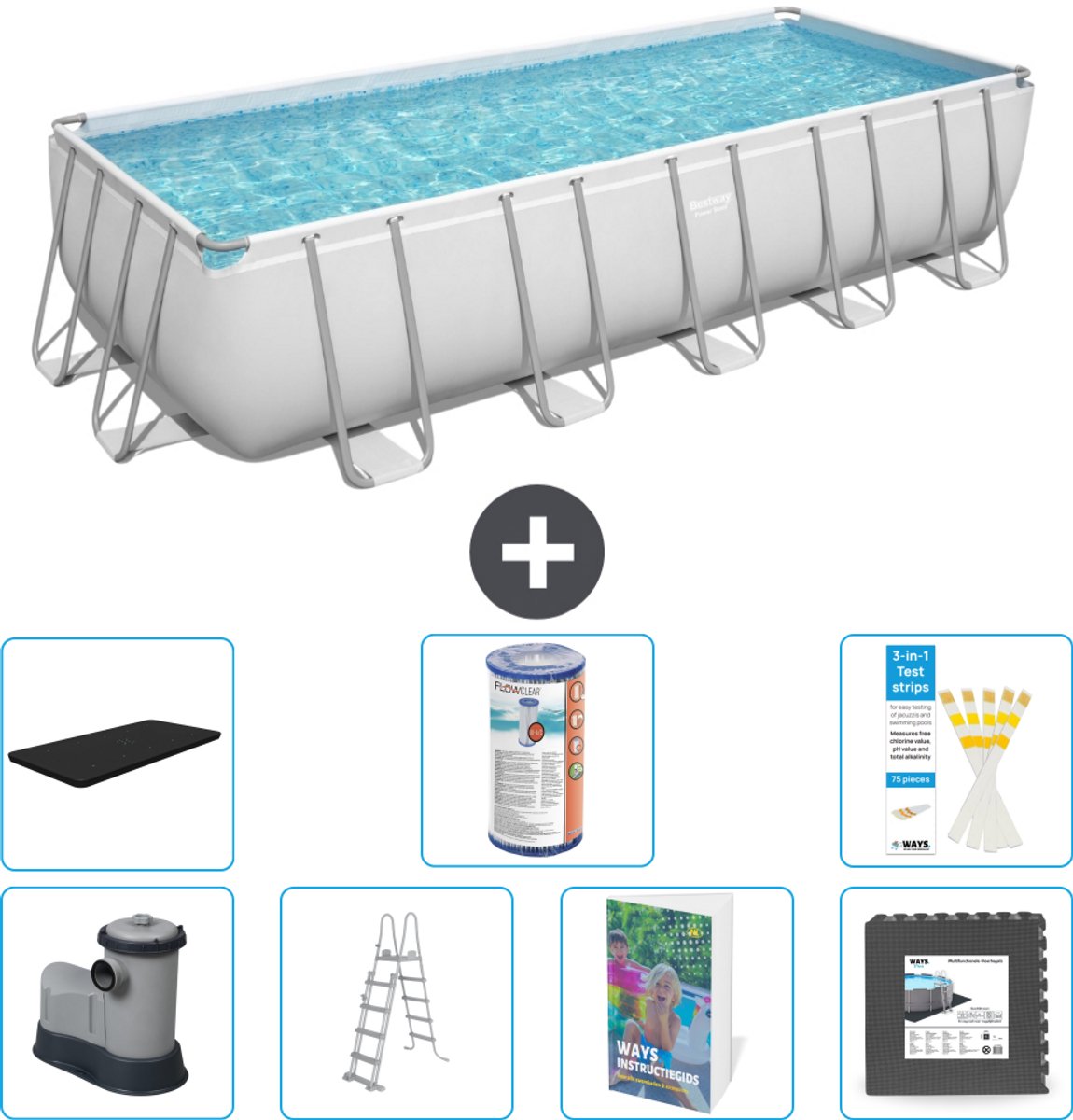 Bestway Rechthoekig Power Steel Zwembad - 640 x 274 x 132 - Grijs - Inclusief Pomp - Ladder - Afdekzeil - Filter - Vloertegels - 8-delig
