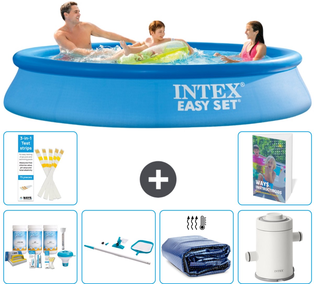 Intex Rond Opblaasbaar Easy Set Zwembad - 305 x 61 cm - Blauw - Inclusief Onderhoudspakket - Schoonmaakset - Solarzeil - Zwembadfilterpomp - 7-delig