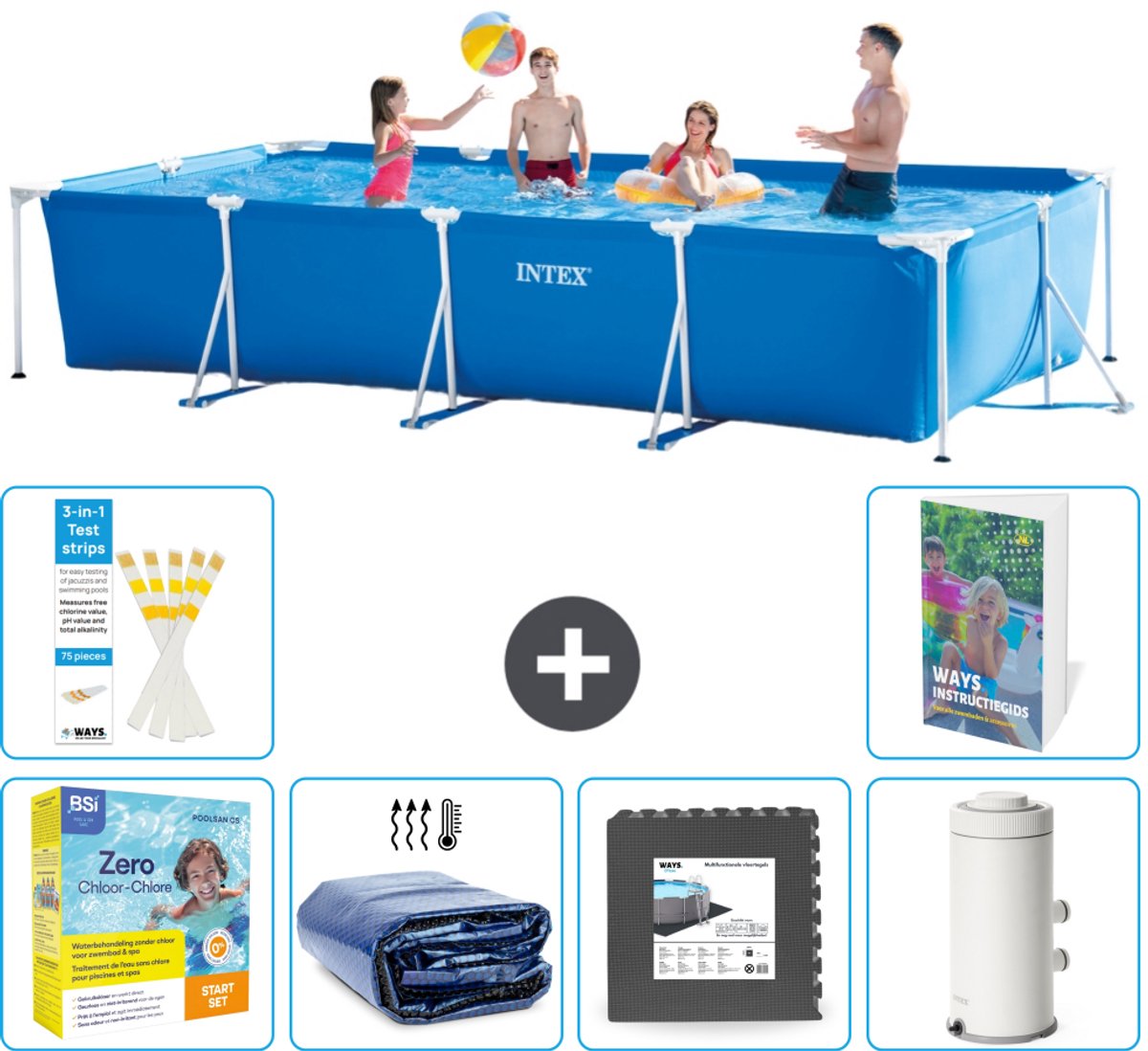 Intex Rechthoekig Frame Zwembad - 450 x 220 x 84 cm - Blauw - Inclusief Onderhoudspakket - Solarzeil - Vloertegels - Zwembadfilterpomp - 7-delig