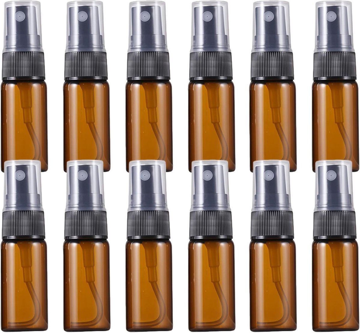 12 Stuks Amber Glazen Flessen met Zwarte Tuit en Transparante Deksel voor Make-up, Parfum en Cosmetica Gebruik