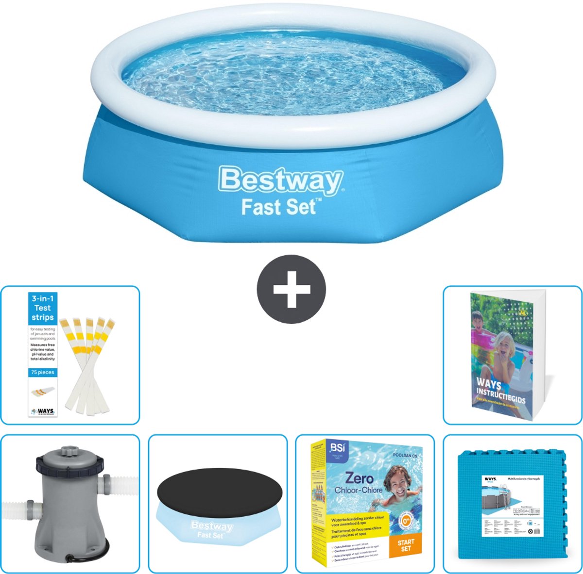 Bestway Rond Opblaasbaar Fast Set Zwembad - 244 x 61 cm - Blauw - Inclusief Pomp - Afdekzeil - Onderhoudspakket - Vloertegels - 7-delig
