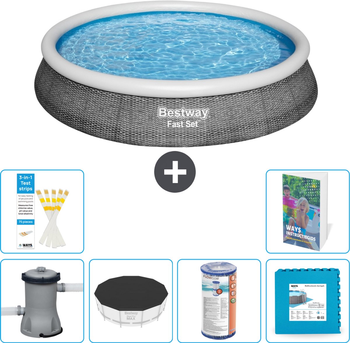 Bestway Rond Opblaasbaar Fast Set Zwembad - Rotanprint - 396 x 84 cm - Inclusief Pomp - Afdekzeil - Filter - Vloertegels - 7-delig