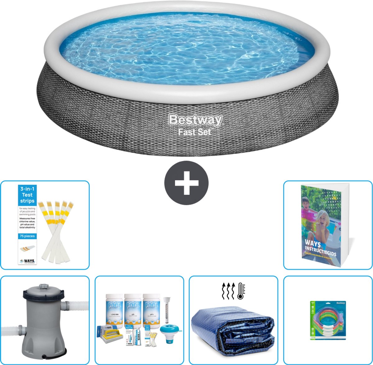 Bestway Rond Opblaasbaar Fast Set Zwembad - Rotanprint - 396 x 84 cm - Inclusief Pomp - Onderhoudspakket - Solarzeil - Speelgoed - 7-delig