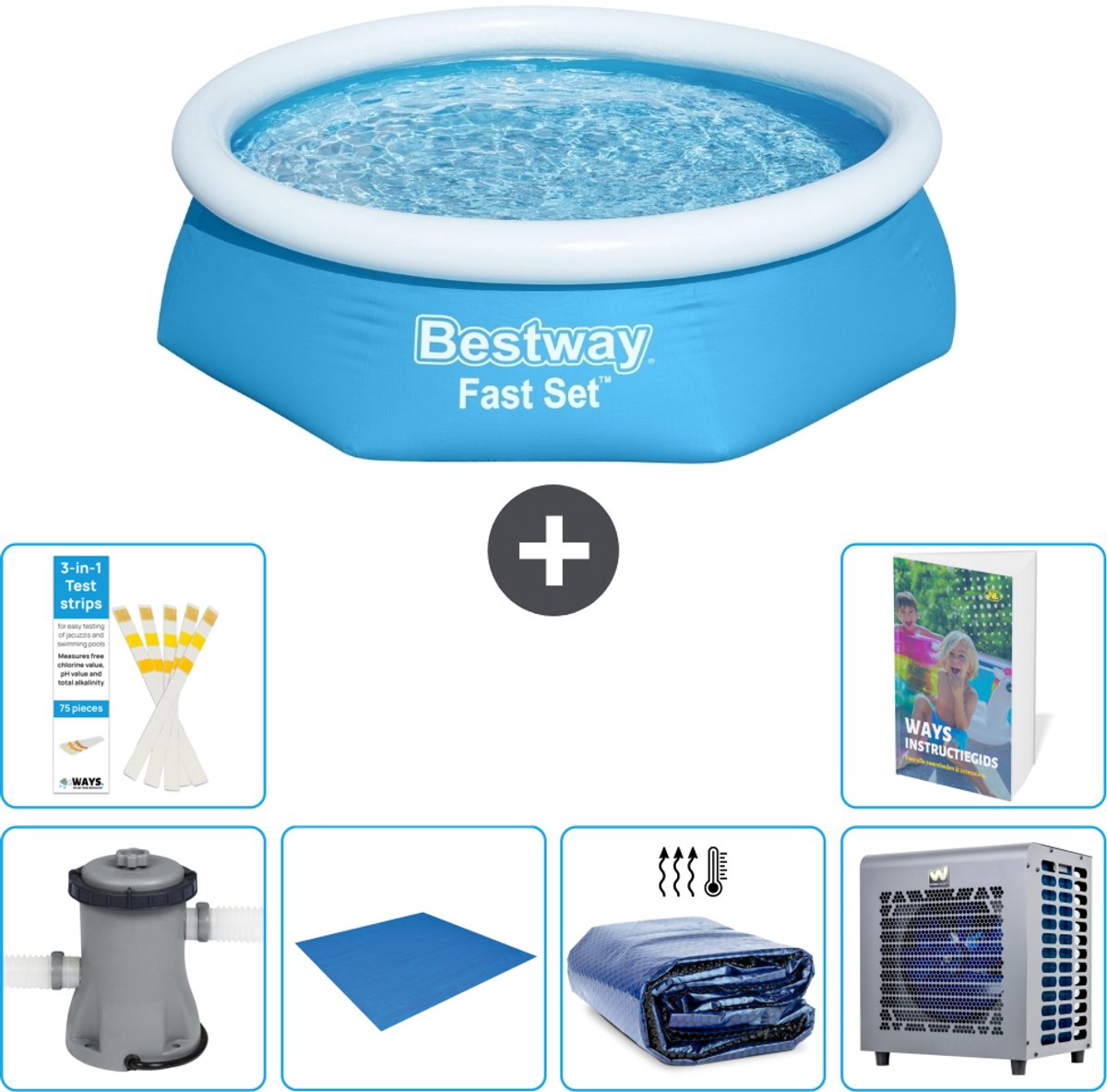Bestway Rond Opblaasbaar Fast Set Zwembad - 244 x 61 cm - Blauw - Inclusief Pomp - Grondzeil - Solarzeil - Warmtepomp - 7-delig