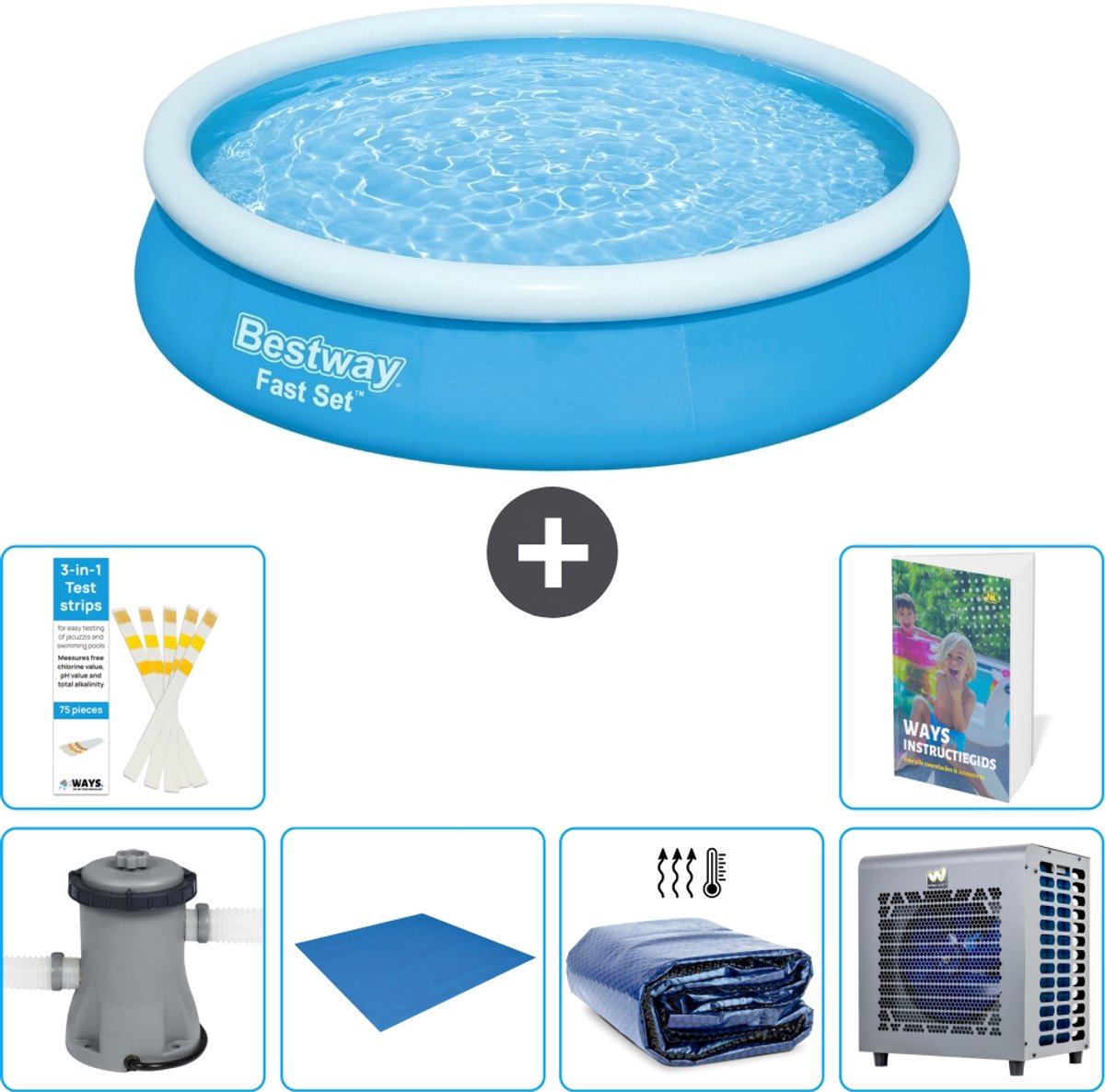 Bestway Rond Opblaasbaar Fast Set Zwembad - 366 x 76 cm - Blauw - Inclusief Pomp - Grondzeil - Solarzeil - Warmtepomp - 7-delig