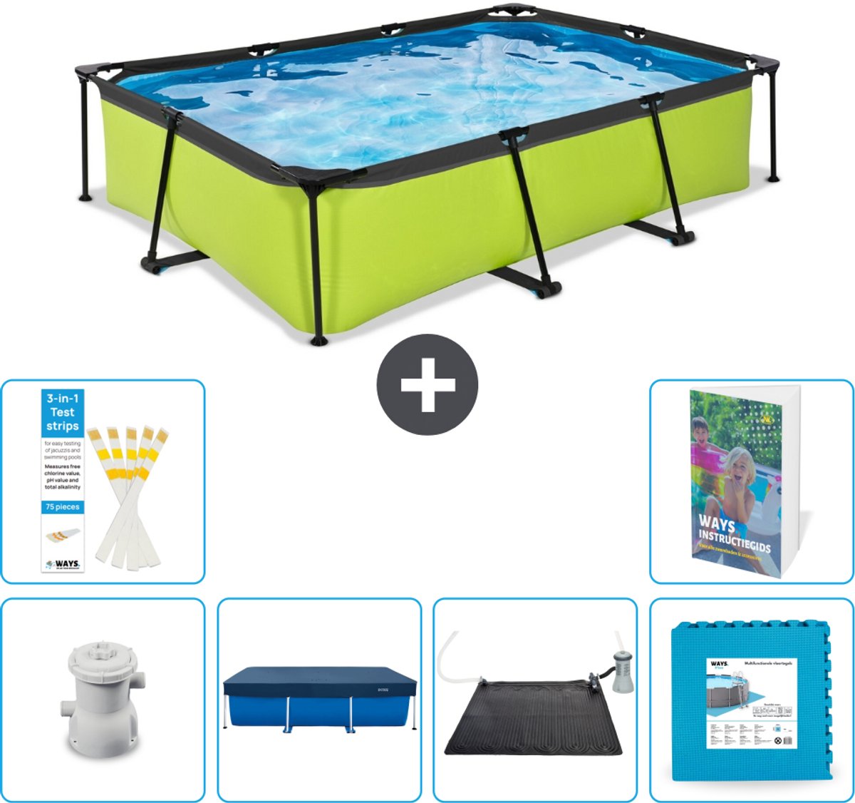 EXIT Rechthoekig Lime Frame Zwembad - 300 x 200 x 65 cm - Inclusief Pomp - Afdekzeil - Solar Mat - Vloertegels - 7-delig