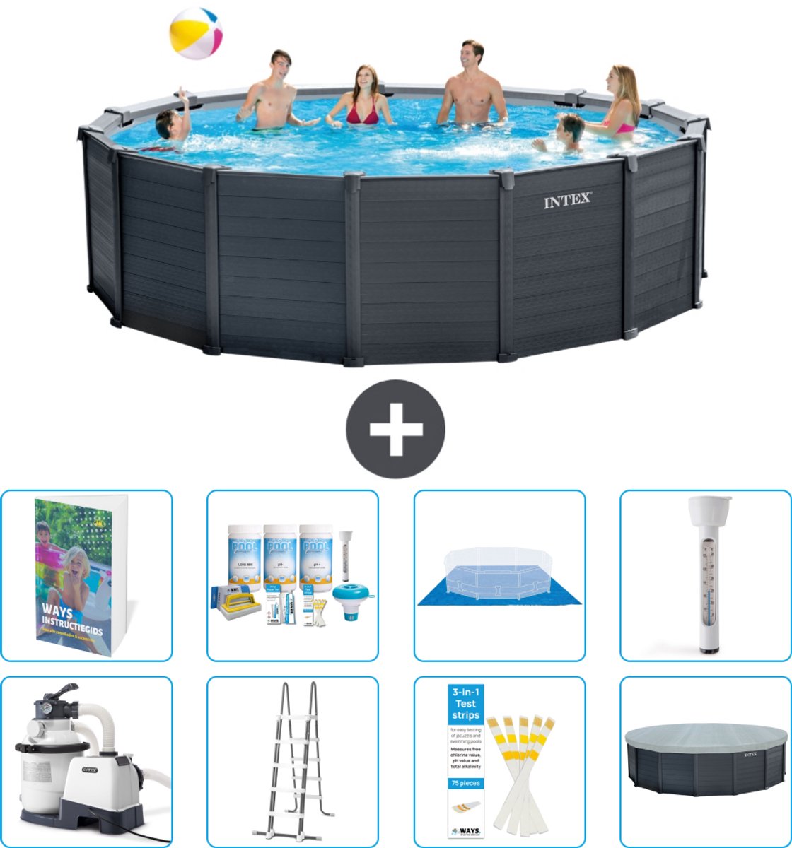 Intex Rond Graphite Gray Panel Zwembad - 478 x 124 cm - Inclusief Pomp - Ladder - Grondzeil - Afdekzeil - Onderhoudspakket - Thermometer - 9-delig