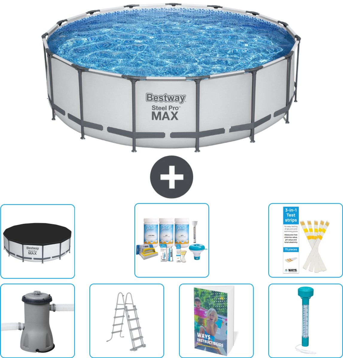 Bestway Rond Steel Pro MAX Zwembad - 457 x 122 cm - Grijs - Inclusief Pomp - Ladder - Afdekzeil - Onderhoudspakket - Thermometer - 8-delig