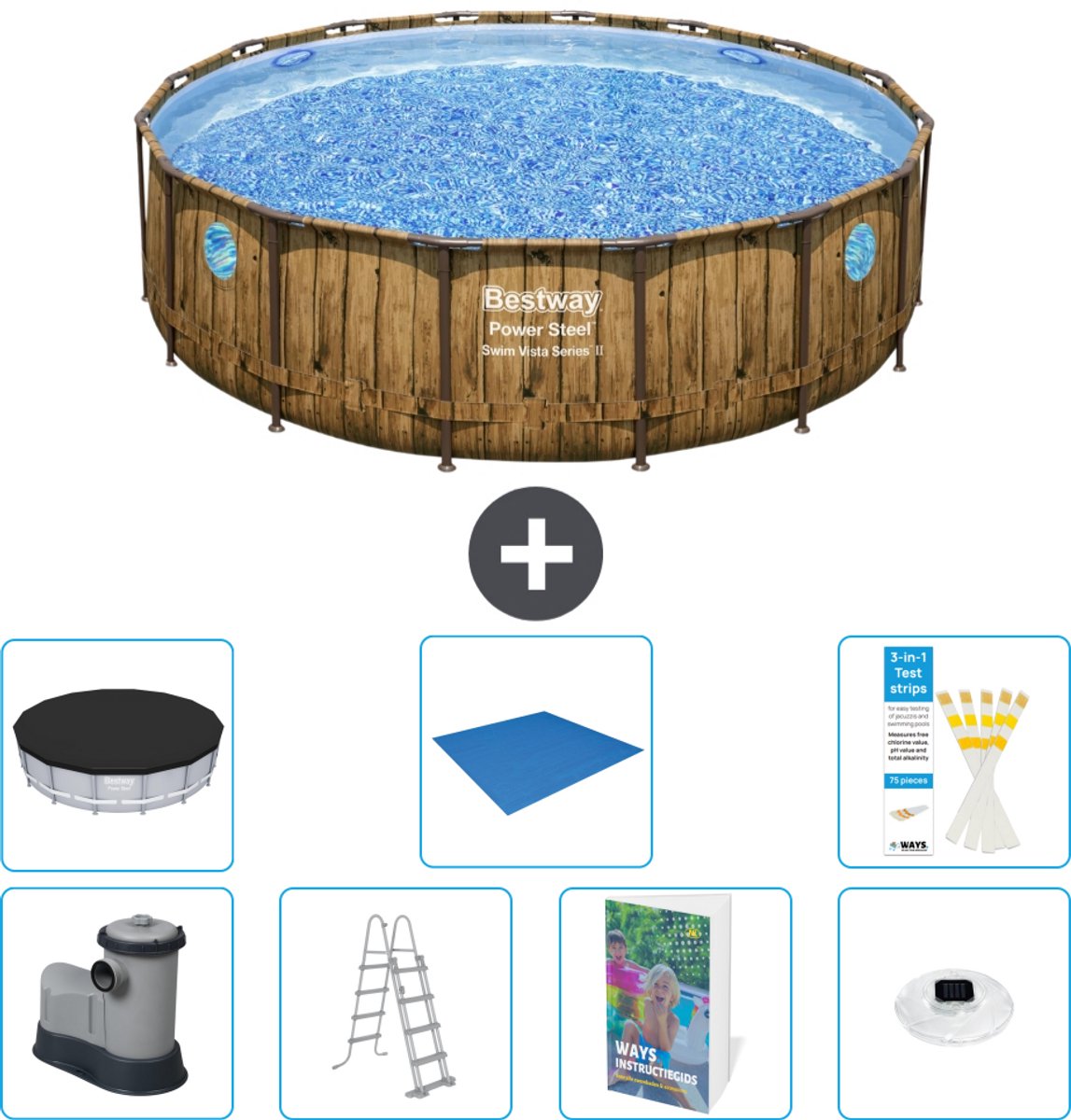 Bestway Rond Power Steel Swim Vista Zwembad - Houtprint - 488 x 122 - Inclusief Pomp - Ladder - Afdekzeil - Grondzeil - Verlichting - 8-delig