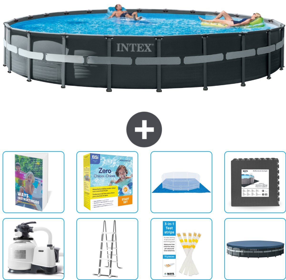 Intex Rond Ultra XTR Frame Zwembad - 732 x 132 cm - Inclusief Pomp - Ladder - Grondzeil - Afdekzeil - Onderhoudspakket - Vloertegels - 9-delig
