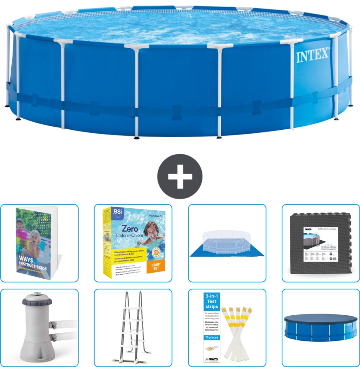 Intex Rond Frame Zwembad - 457 x 122 cm - Blauw - Inclusief Pomp - Ladder - Grondzeil - Afdekzeil - Onderhoudspakket - Vloertegels - 9-delig