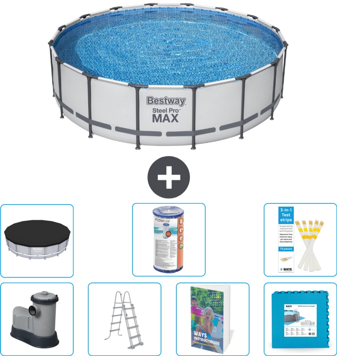 Bestway Rond Steel Pro MAX Zwembad - 488 x 122 cm - Grijs - Inclusief Pomp - Ladder - Afdekzeil - Filter - Vloertegels - 8-delig