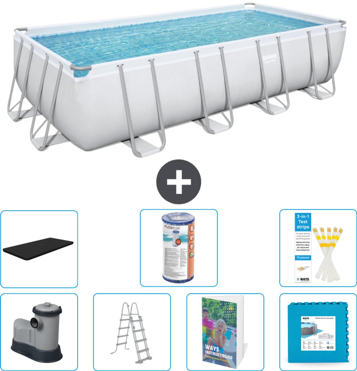 Bestway Rechthoekig Power Steel Zwembad - 549 x 274 x 122 - Grijs - Inclusief Pomp - Ladder - Afdekzeil - Filter - Vloertegels - 8-delig