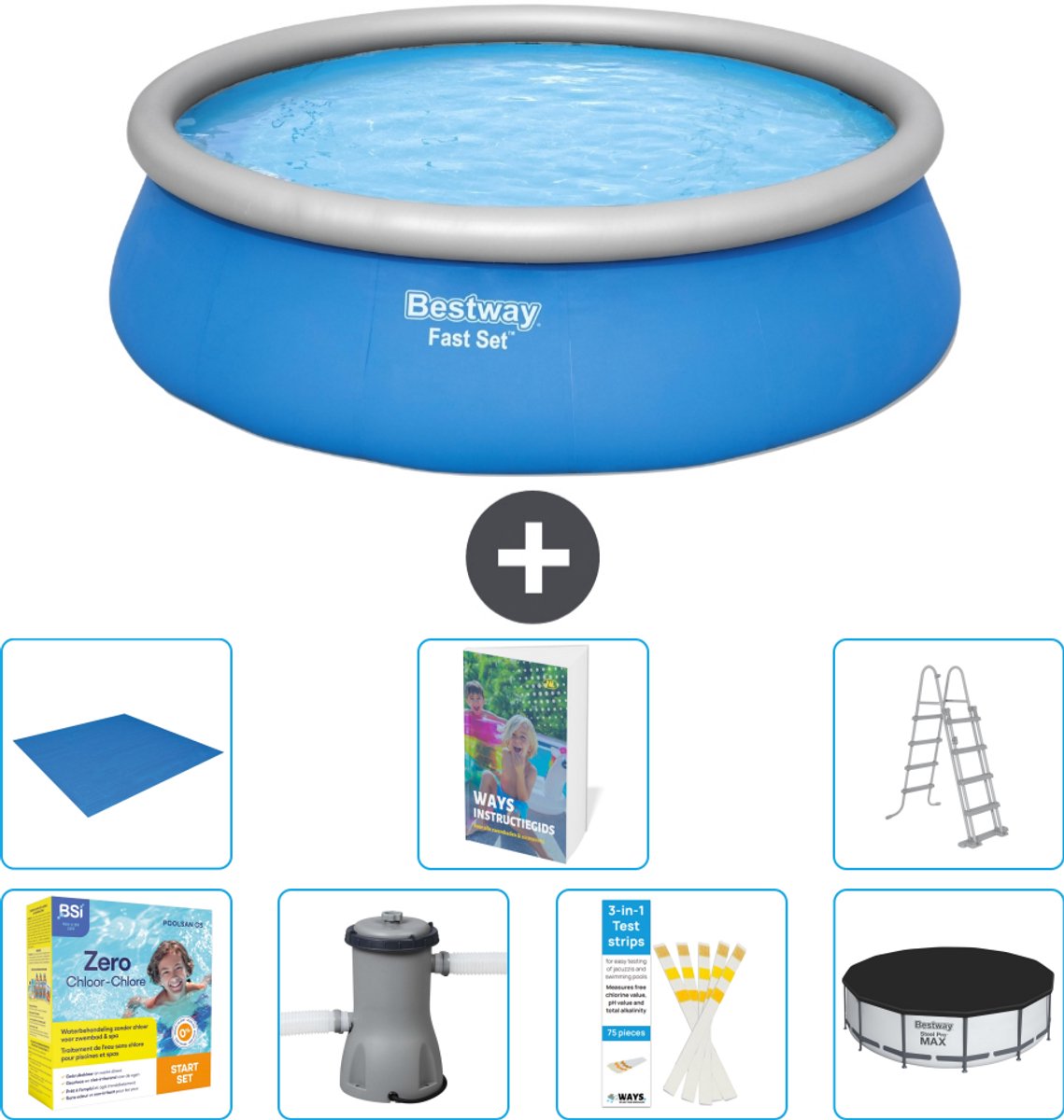 Bestway Rond Opblaasbaar Fast Set Zwembad - 457 x 122 cm - Blauw - Inclusief Pomp - Ladder - Afdekzeil - Grondzeil - Onderhoudspakket - 8-delig