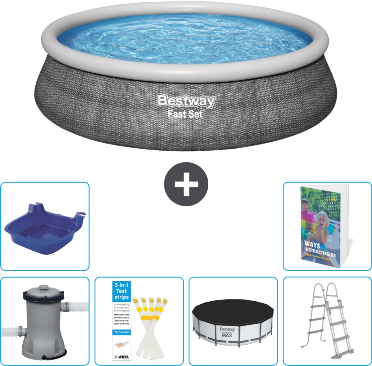 Bestway Rond Opblaasbaar Fast Set Zwembad - Rotanprint - 457 x 107 cm - Inclusief Pomp - Ladder - Afdekzeil - Voetenbad - 7-delig