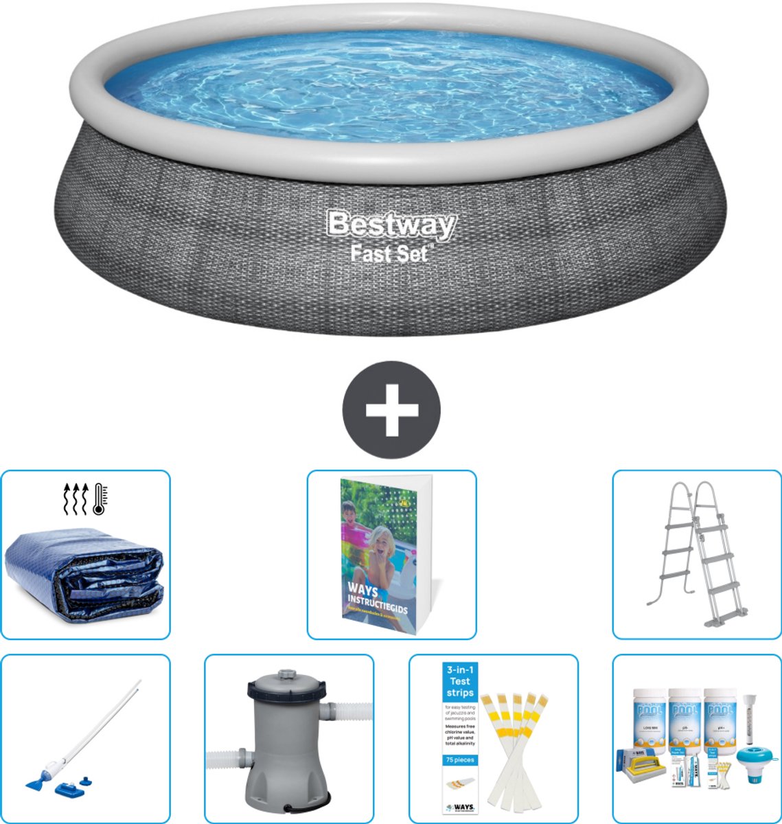 Bestway Rond Opblaasbaar Fast Set Zwembad - Rotanprint - 457 x 107 cm - Inclusief Pomp - Ladder - Onderhoudspakket - Solarzeil - Stofzuiger - 8-delig
