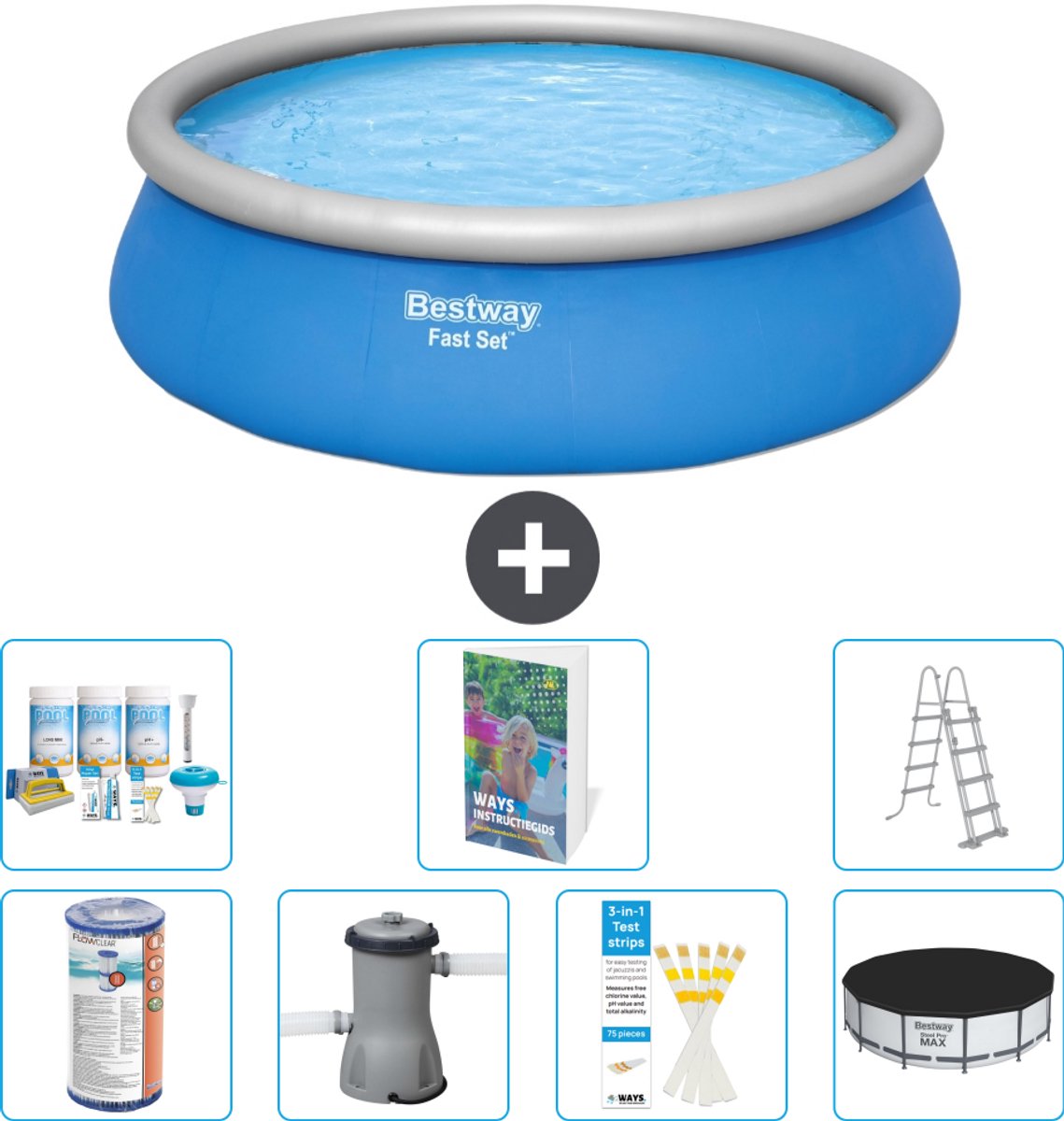 Bestway Rond Opblaasbaar Fast Set Zwembad - 457 x 122 cm - Blauw - Inclusief Pomp - Ladder - Afdekzeil - Onderhoudspakket - Filter - 8-delig