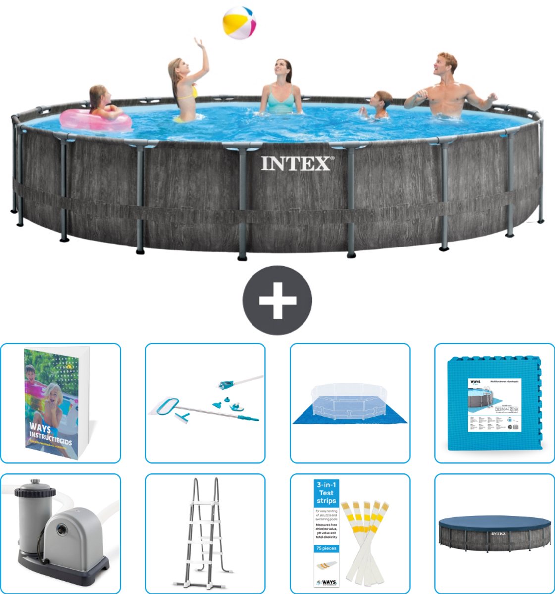 Intex Rond Prism Frame Greywood Zwembad - 549 x 122 cm - Inclusief Pomp - Ladder - Grondzeil - Afdekzeil - Schoonmaakset - Vloertegels - 9-delig