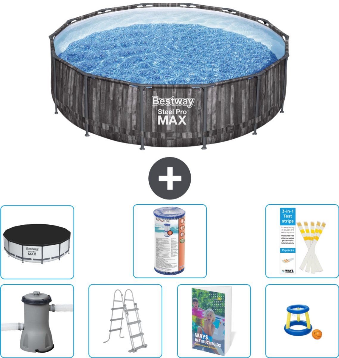 Bestway Rond Steel Pro MAX Zwembad - Houtprint - 427 x 107 cm - Inclusief Pomp - Ladder - Afdekzeil - Filter - Speelgoed - 8-delig
