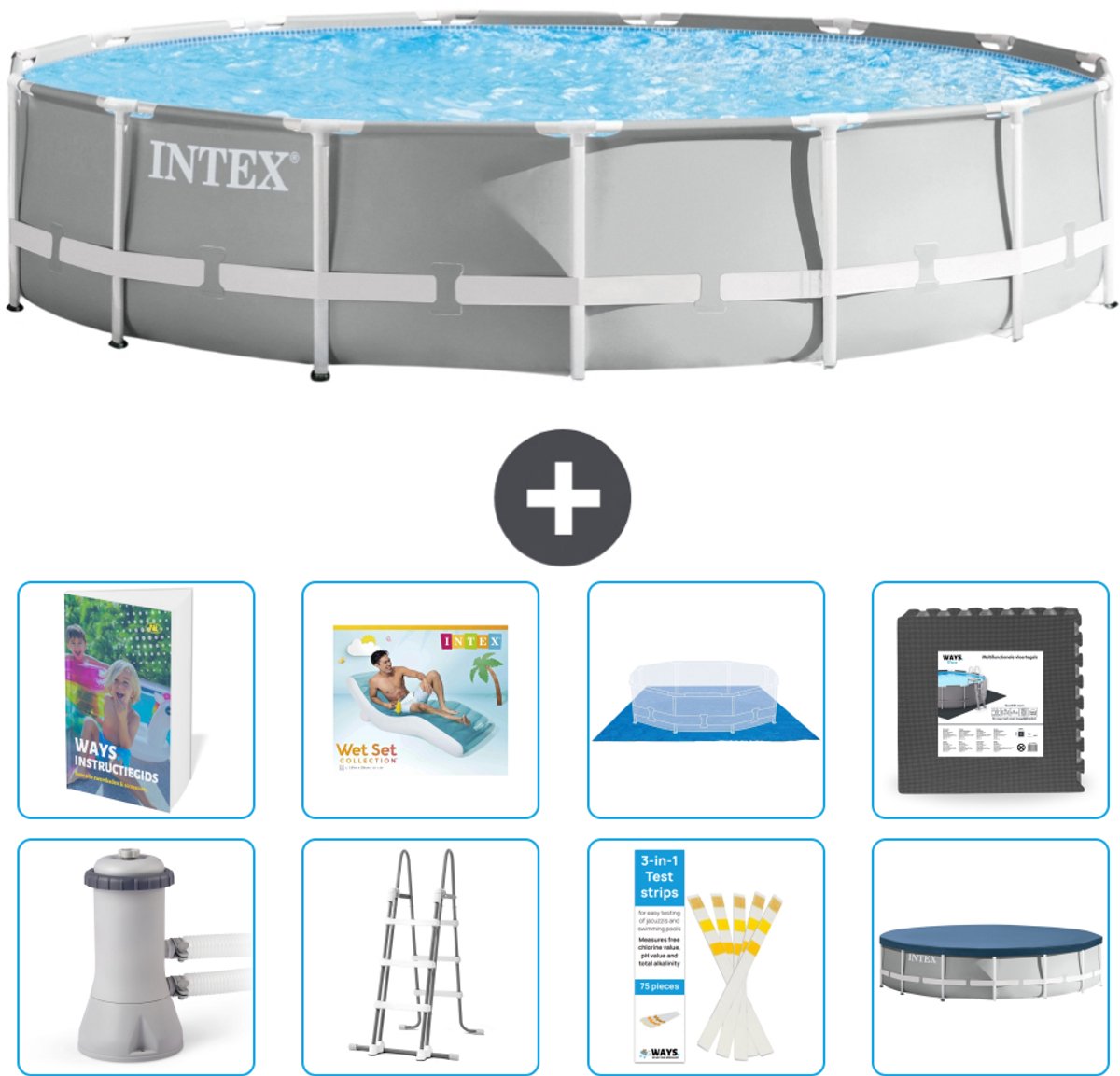 Intex Rond Prism Frame Zwembad - 457 x 107 cm - Grijs - Inclusief Pomp - Ladder - Grondzeil - Afdekzeil - Loungebed - Vloertegels - 9-delig