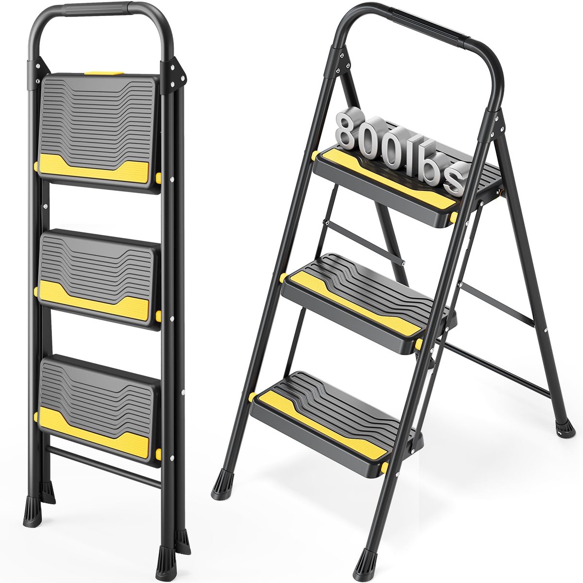 SnelShoppen - 3-stapsladder met zware capaciteit 150 kg, brede antislip treden, veilige leuning, compact en opvouwbaar, ideaal voor thuis, keuken, kan